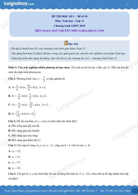 Đề thi học kì 1 Toán 11 Cánh diều - Đề số 10